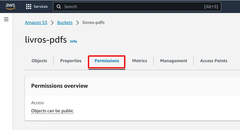 Página do bucket com a aba Permissions destacada