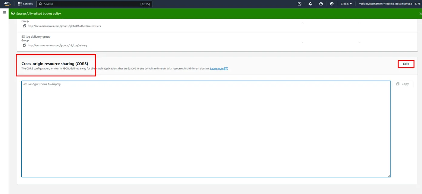 Seção Cross-origin resource sharing (CORS) da aba Permissions com o botão Edit destacado