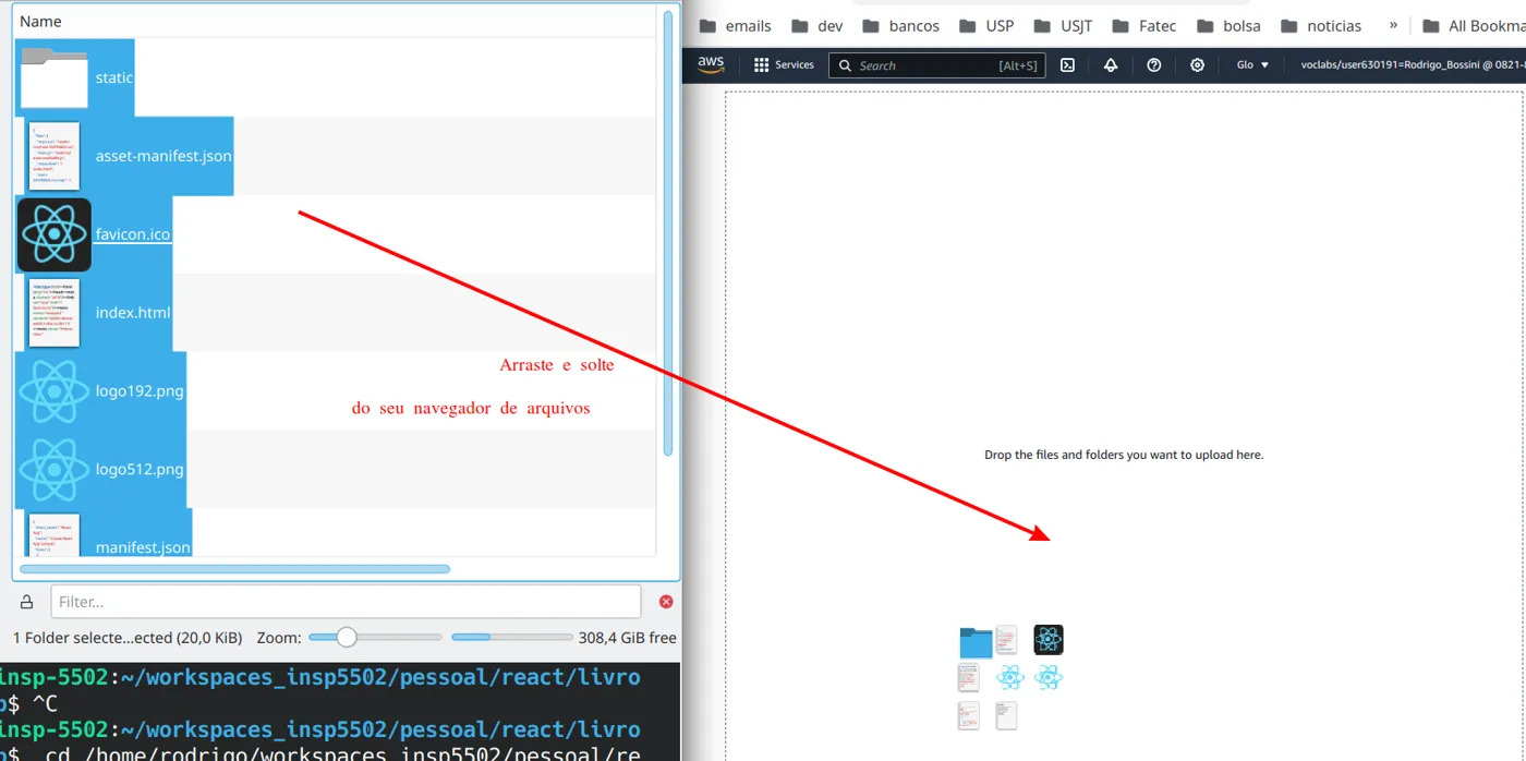 Conteúdo da pasta build selecionado no VS Code sendo arrastado até a área de upload do S3