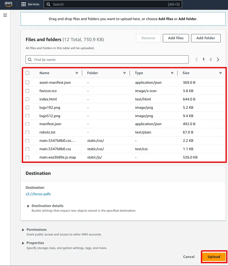 Página Upload com a lista de arquivos e pastas a enviar destacada e o botão Upload