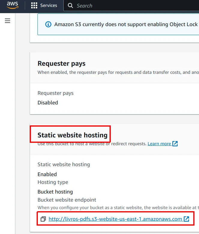 Seção Static website hosting com o link Bucket website endpoint destacado