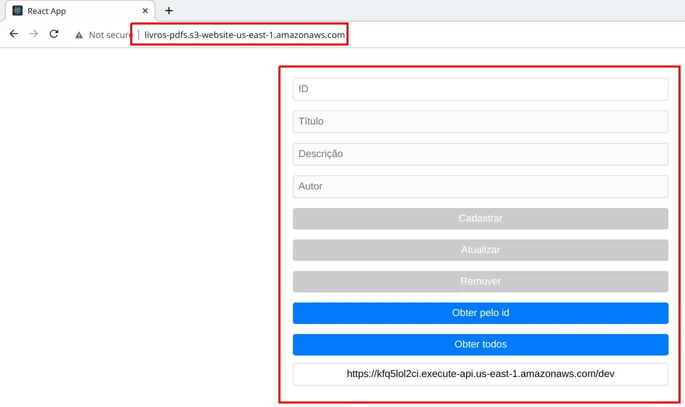 Aplicação de livros aberta no navegador a partir do endereço s3-website do bucket