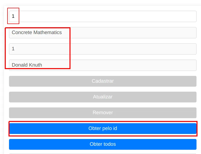 Aplicação com o id 1 digitado e os dados do livro Concrete Mathematics, de Donald Knuth, preenchidos depois de clicar em Obter pelo id