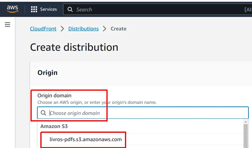 Seção Origin com o campo Origin domain e o bucket livros-pdfs.s3.amazonaws.com na lista, destacados
