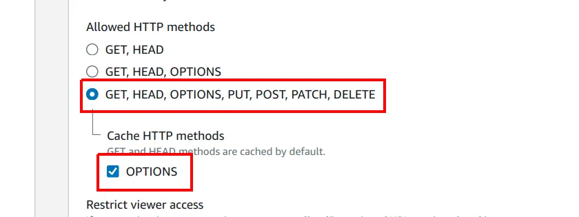 Opções Allowed HTTP methods com GET, HEAD, OPTIONS, PUT, POST, PATCH, DELETE selecionado e a caixa OPTIONS de Cache HTTP methods marcada, ambos destacados