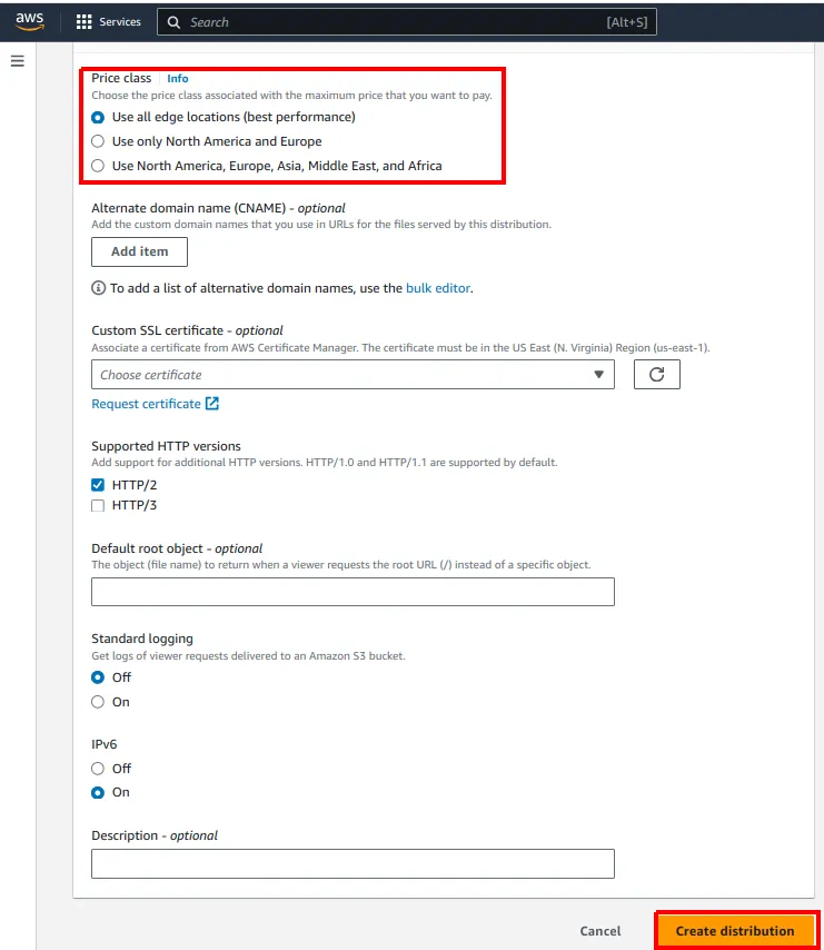 Configurações da distribuição com a seção Price class destacada, mostrando a opção Use all edge locations selecionada, e o botão Create distribution destacado
