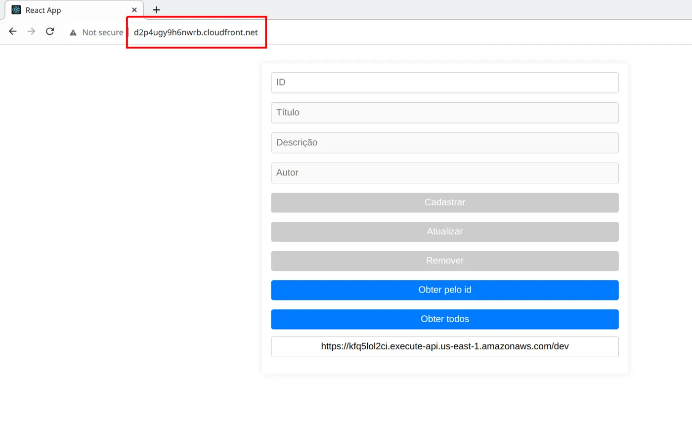 Aplicação de livros aberta no navegador pelo endereço cloudfront.net da distribuição