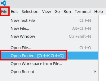 Menu File do VS Code aberto, com a opção Open Folder destacada