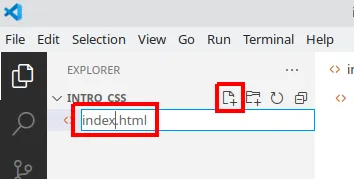 Explorer do VS Code com o botão de novo arquivo destacado e o nome index.html sendo digitado