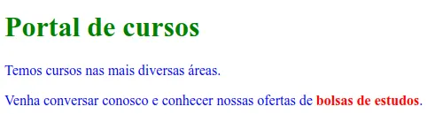 Página Portal de cursos com título verde, parágrafos azuis e o texto bolsas de estudos em vermelho