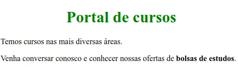 Página com o título Portal de cursos verde e centralizado e os parágrafos em preto