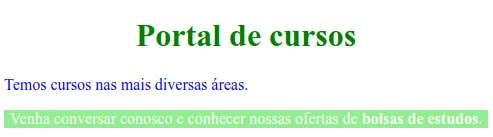 Página com o parágrafo de promoção em texto branco sobre fundo verde-claro