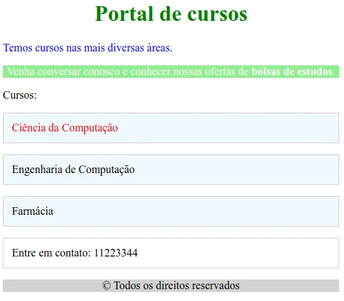 Página com os cursos e o contato em caixas com borda cinza e fundo azul-claro, Ciência da Computação em vermelho e o rodapé centralizado com fundo cinza