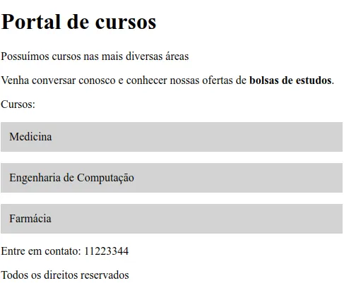 Página em que apenas os três cursos, Medicina, Engenharia de Computação e Farmácia, têm fundo cinza e espaçamento interno