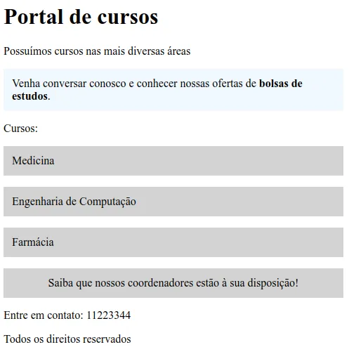 Página com o parágrafo de promoção em fundo azul-claro, os cursos e o texto dos coordenadores em caixas cinza