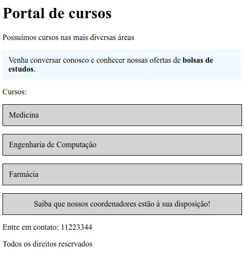 Página em que os três cursos e a caixa dos coordenadores têm borda preta