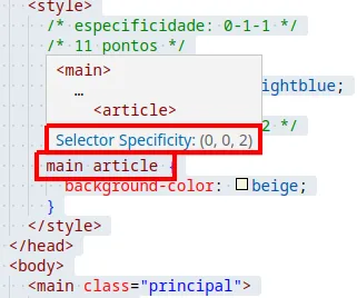 VS Code exibindo, ao pausar o mouse sobre o seletor main article, a dica Selector Specificity: (0, 0, 2)