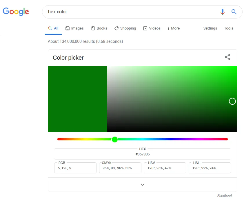 Resultado de busca do Google por hex color, exibindo a ferramenta Color picker com o seletor de cor e os códigos HEX, RGB, CMYK, HSV e HSL