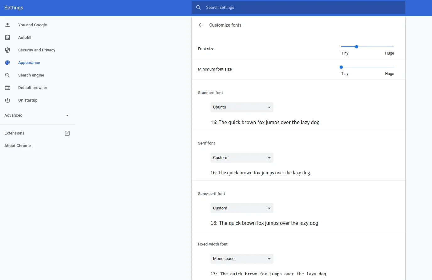 Tela Customize fonts das configurações do Chrome, com os campos Standard font, Serif font, Sans-serif font e Fixed-width font