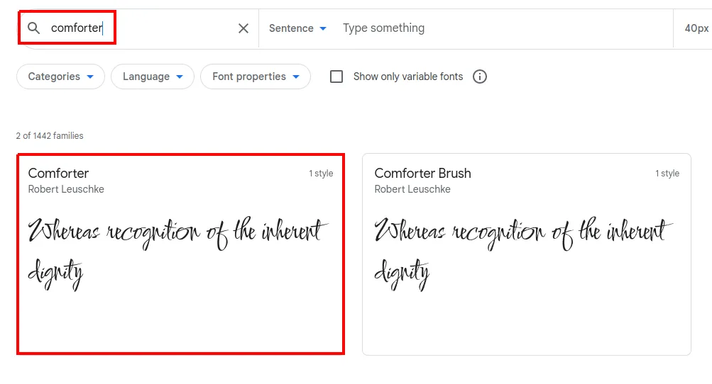 Google Fonts com a busca por comforter e o cartão da fonte Comforter destacado nos resultados