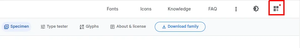 Barra superior do Google Fonts com o botão de famílias selecionadas destacado no canto direito