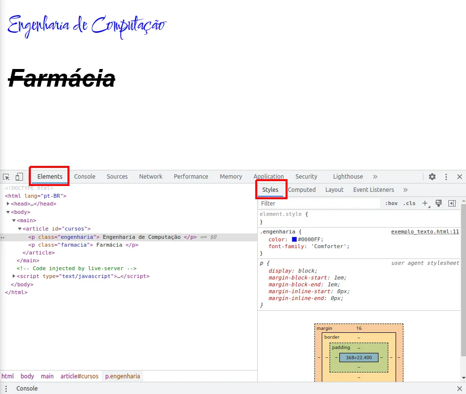 Página com Farmácia riscado e o Chrome DevTools aberto na parte de baixo, com as abas Elements e Styles destacadas