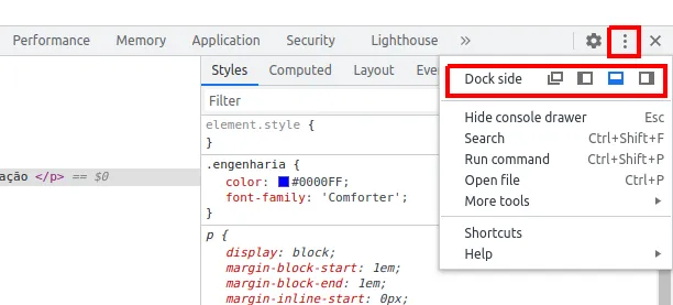 Menu de três pontinhos do DevTools aberto, com as opções de Dock side destacadas