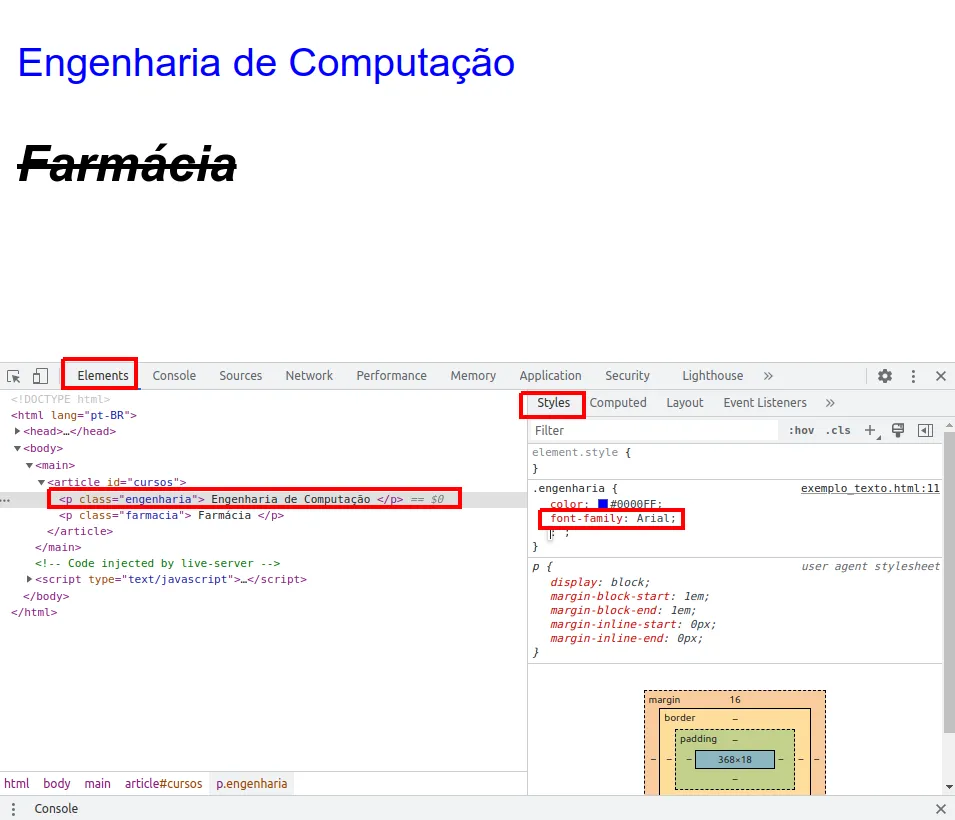 DevTools com o parágrafo engenharia selecionado e a font-family alterada para Arial no painel Styles; na página, Engenharia de Computação aparece em Arial