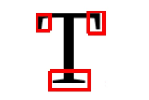 Letra T na fonte Times New Roman com as serifas nas pontas das hastes destacadas em vermelho