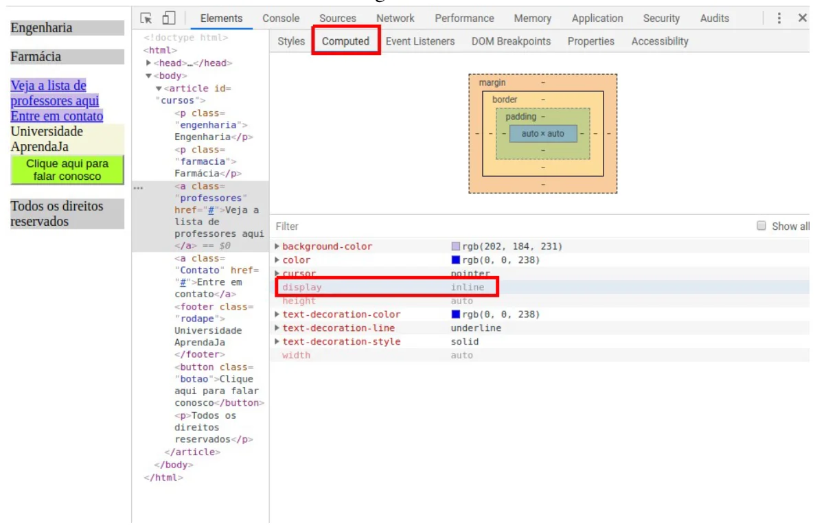 Chrome DevTools com a aba Computed aberta para um link da página: a propriedade display aparece com o valor inline, destacada em vermelho