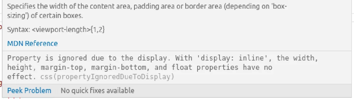 Dica do VS Code sobre a propriedade width avisando que ela é ignorada por causa do display inline