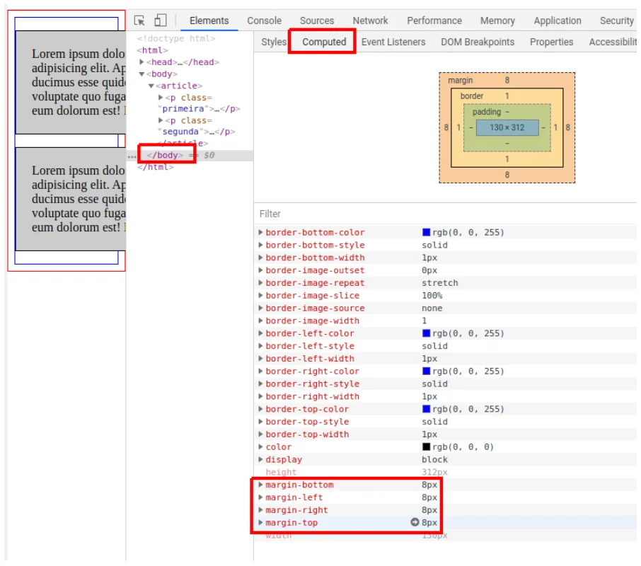 DevTools inspecionando o body: a aba Computed mostra margin-top, margin-right, margin-bottom e margin-left com 8px, destacados em vermelho