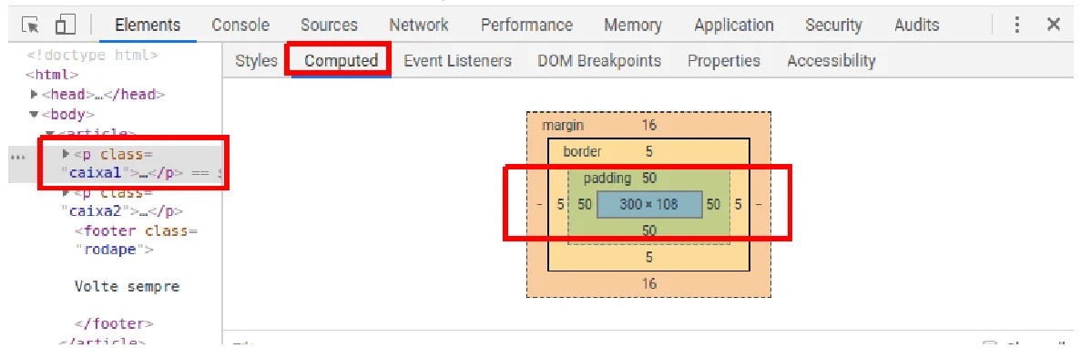 Box model da caixa1 no DevTools: conteúdo de 300 × 108, padding de 50 e borda de 5 de cada lado