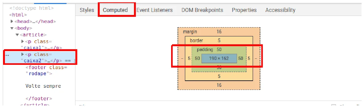 Box model da caixa2 no DevTools: conteúdo de 190 × 162, padding de 50 e borda de 5 de cada lado