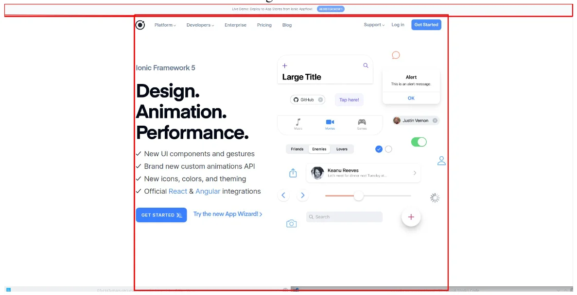 Página inicial do Ionic Framework no navegador, com a área visível do site destacada por um retângulo vermelho