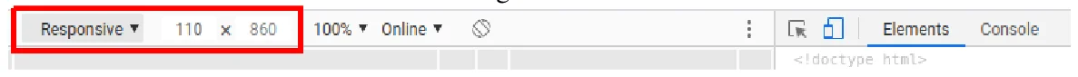 Barra de dispositivos do DevTools no modo Responsive, com largura 110 e altura 860 destacadas em vermelho