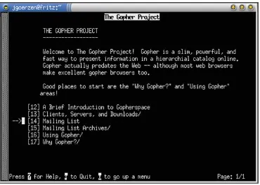 Terminal exibindo o menu textual do The Gopher Project, com itens numerados como A Brief Introduction to Gopherspace e Using Gopher