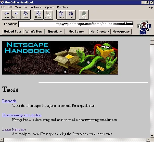 Janela do Netscape Navigator exibindo o Netscape Handbook, com botões Back, Forward, Home e campo Location