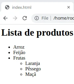 Lista de produtos com o item Frutas contendo a sublista Laranja, Pêssego e Maçã