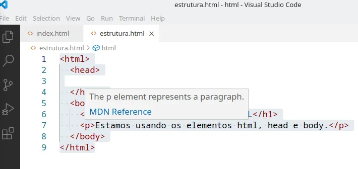 VS Code exibindo a dica "The p element represents a paragraph" ao passar o mouse sobre a tag p