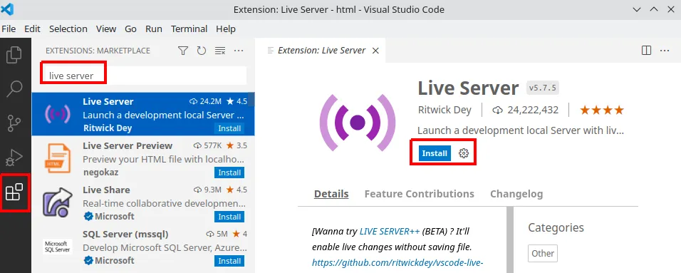 Busca por Live Server no painel de extensões, com o botão Install destacado
