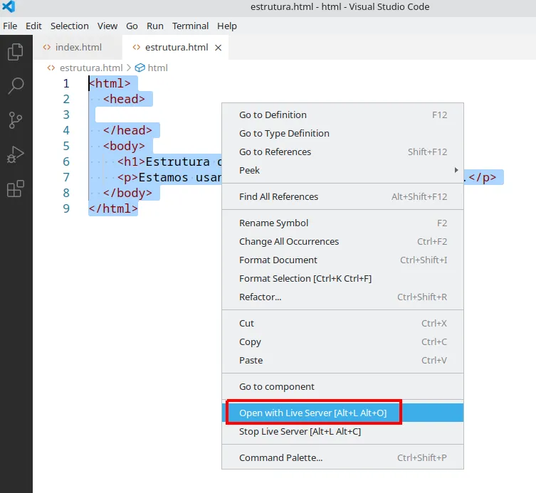 Menu de contexto do editor com a opção Open with Live Server destacada