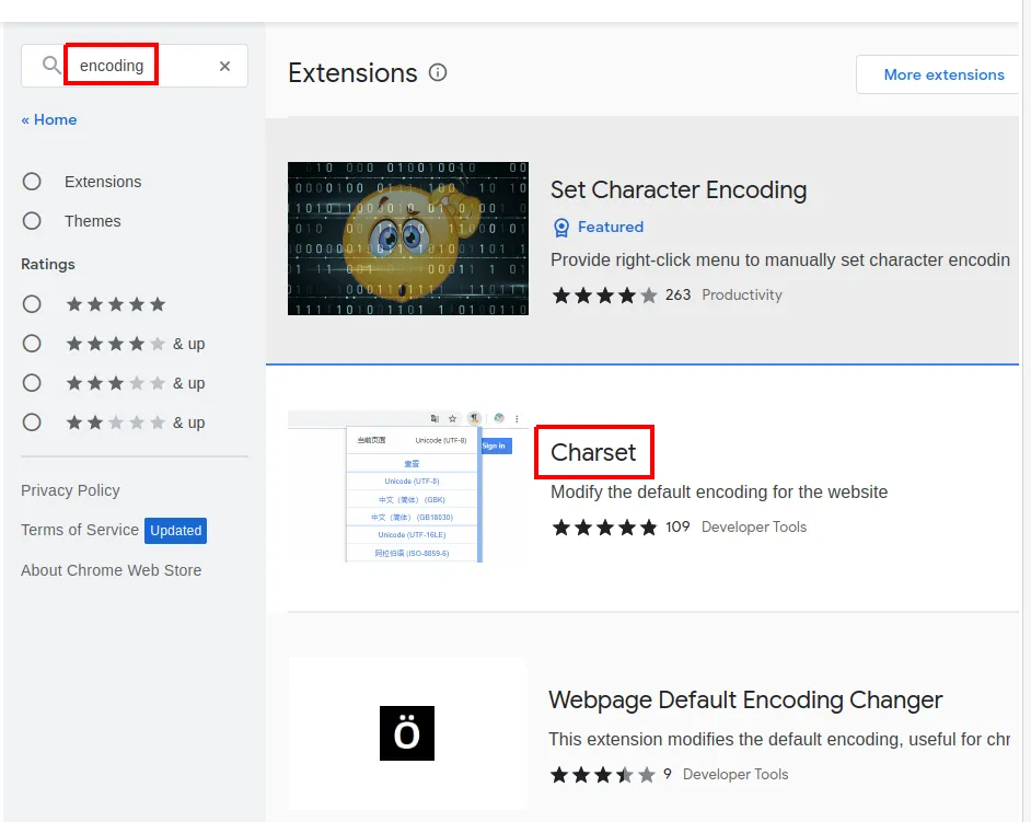 Chrome Web Store com a busca por encoding e a extensão Charset destacada