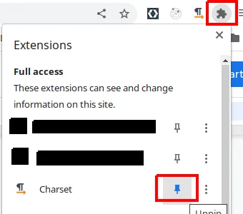 Menu de extensões do Chrome com o botão de fixar da extensão Charset destacado