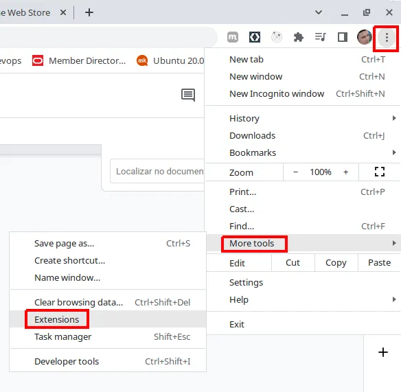 Menu do Chrome com More Tools e Extensions destacados
