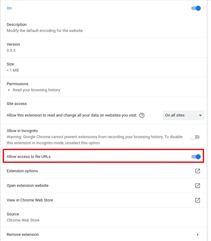 Detalhes da extensão Charset com a opção Allow access to file URLs ativada e destacada
