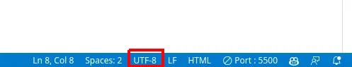 Barra de status do VS Code com a indicação UTF-8 destacada