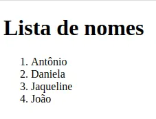 Página "Lista de nomes" com uma lista numerada de 1 a 4