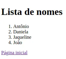 Página "Lista de nomes" com o link "Página inicial" abaixo da lista