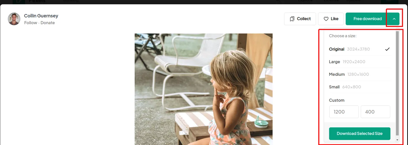 Página de uma foto no Pexels com o menu de escolha de dimensões aberto